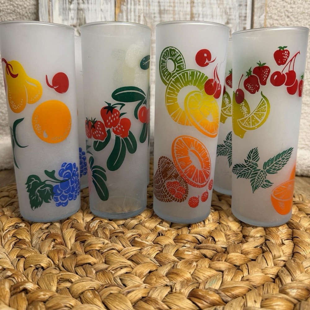 Vintage Federal Glass Frosted Fruit Highball Glasses Set of 8 Retro MCM Barware